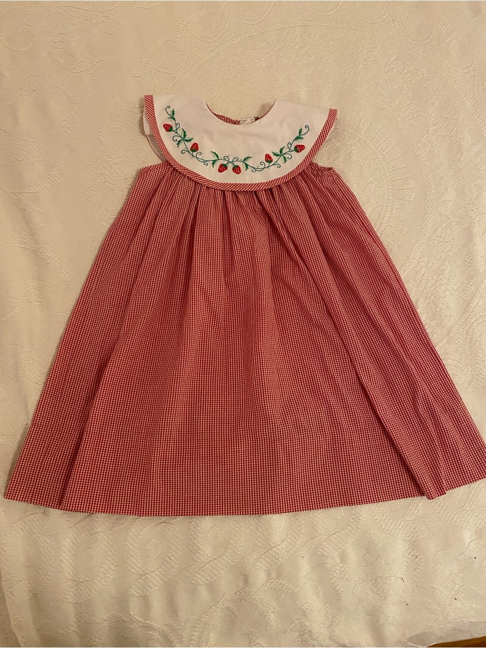 Vintage Red Gingham Embroidered Collar Kids Dress 100% Cotton